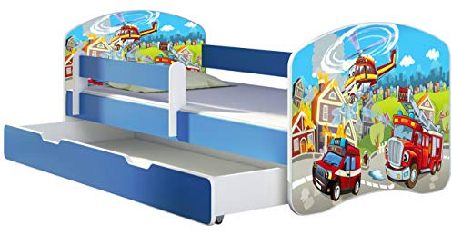 ACMA Kinderbett Jugendbett mit Einer Schublade und Matratze Blau mit Rausfallschutz Lattenrost II 140x70 160x80 180x80 (36 Feuerwehr, 160x80 + Bettkasten)