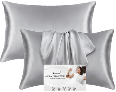 2er Pack Satin Kissenbezug für Haar und Haut, 100% Seidig Luxus Satin Kissenhülle mit Hotelverschluss, Grau Kopfkissenbezug Weich und Atmungsaktiv Kissenbezüge 40 x 80 cm