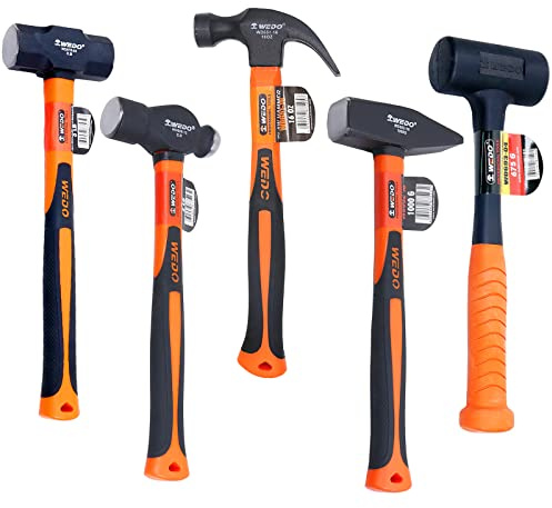 WEDO 5-Piece Hammer Set, Includes 16oz Claw Hammer, 32oz Ball Pein, 2lb Cross Pein, 3lb SledgeHammer & 40oz Rubber Mallet, Shock Absorbing Fiberglass Handles, for Home & Industrial Use