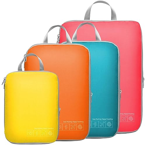 Cambond Compression Packing Cubes for Travel - 4 Piece Expandable Luggage Packing Organizers Bags Set, Lightweight Compression Cubes for Travel Essentials Carry on Suitcases, Multi-color