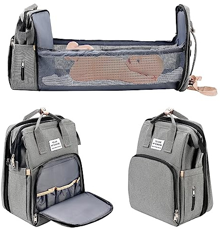 Sac à dos à langer portable avec lit de bébé pliable, sac à langer de grande capacité avec matelas à langer, sac à bandoulière imperméable pour maman pour voyage, gris, 40*31*20cm