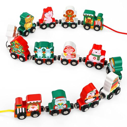 Wisplye Trenino Legno Giocattolo di Natale, Treni Magnetica Giochi Legno Educativo Montessori Bambini 4 5 6 Anni Ragazzi Ragazze Decorazioni Natalizie Regali di Capodanno