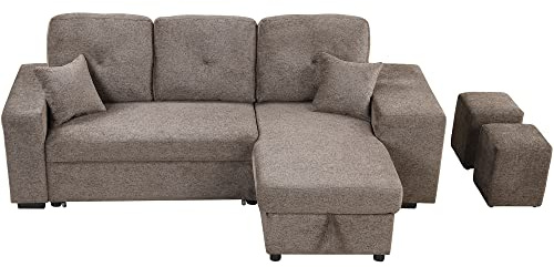 LUMISOL Reversible L-Shape Sectional Sofa with Side Shelf and 2 Stools, Pull-Out Sleeper Sofa Bed with Storage Chaise Left/Right Hande for Living Room Apartment, Knox Charcoal