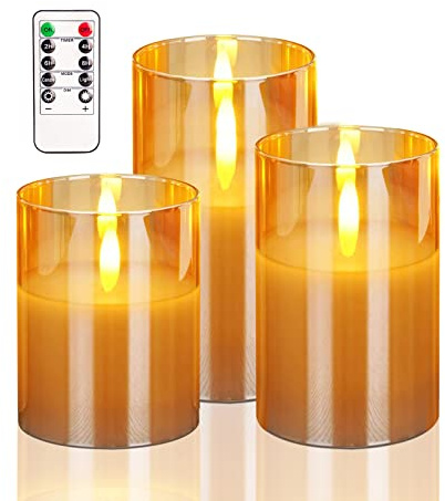 HIYAA Candele a LED senza fiamma, in vetro dorato, a batteria, con telecomando, stoppino 3D, realistico, luce calda, con timer per matrimoni, feste, decorazioni natalizie