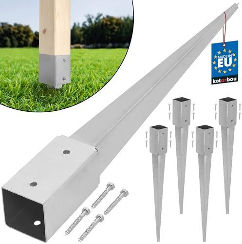 KOTARBAU® Juego de 4 casquillos para suelo de impacto, 51 x 51 mm, longitud 600 mm, galvanizados en caliente, acero galvanizado, para postes de vallas, madera, suelo, anclajes para suelo, anclajes