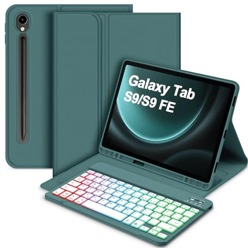 Bettdow für Samsung Galaxy Tab S10 Lite/ S10 FE 10,9 2025 Tastatur Hülle, QWERTZ Layout Abnehmbarer Beleuchtete Tastatur mit Hülle für Galaxy Tab S10 FE/ S9 FE 10,9 Zoll/ S9 11 Zoll, Dunkelgrün