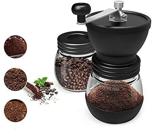 Manual Coffee Grinder Adjustable Ceramic Burr Handheld Bean Mill with Glass Storage Jar and Cleaning Brush Portable Coffee Bean Grinder for Espresso French Press Home Kitchen Office