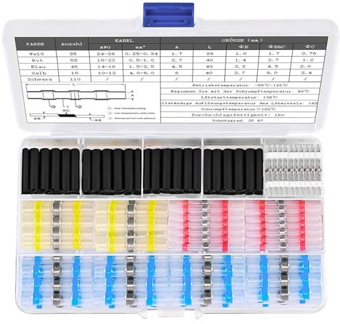 260 PCS Solder Seal Wire Connectors Heat Shrink Wire Connectors 26-10 AWG Solder Terminal Connectors Kit Marine Grade Waterproof Insulated Electrical Wire Heat Shrink Butt Splice Connectors