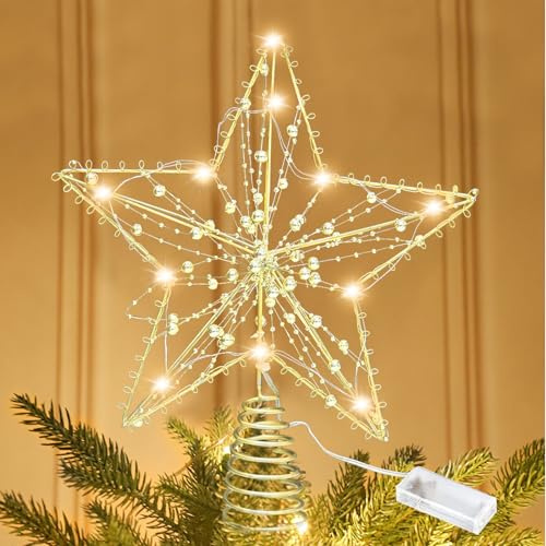 Julgransspets, 30 cm (11,8 tum) julgranstopp, julgran, spetsstjärna, juldekoration med 20 LED-glittrande pärlor, LED-stjärna, julgransprydnad, USB-driven fjärrkontroll, julgranspynt