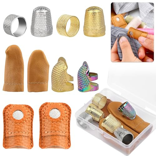 10PCS Sewing Thimbles, Sewing Thimble with Storage Box, Finger Protector, Adjustable Metal Sewing Thimble Rings and Leather Thimble, Sewing Tools Needlework
