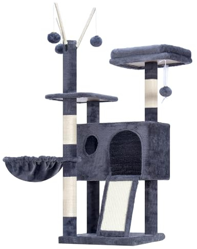 Hey-brother liten stabil klösträd, med avtagbara leksaker, MPJ008SG | 105 cm kattträd med grotta, plattform, kattkorg, sisalklösplatta och plyschboll, lämplig för kattungar, rökgrått