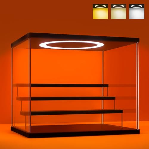 DORYBEN Acrylic Display Case with Adjustable LED Light, 4 Tier Clear Display Box Dustproof Showcase for Action Figures, Collectibles and Mini Toys, Assembly Display Cabinet(Black 12.5×9.5×10.4in)