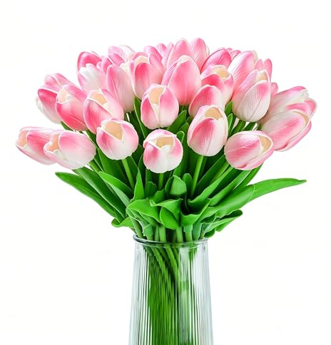 XIANNVXI 20 tulipanes artificiales de color rosa claro, tulipanes de seda, flores rosas falsas decorativas para interiores, primavera, cocina, ramo de boda, decoración de Roma, 14 pulgadas