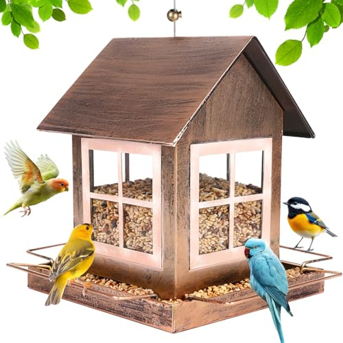 SWAWIS Comedero Pajaros Exterior de Metal para Colgar, Casita Pajaros Exterior para Aves Resistente a la Intemperie 14,5x18,5x23 cm, Comedero para Aves, Bronce