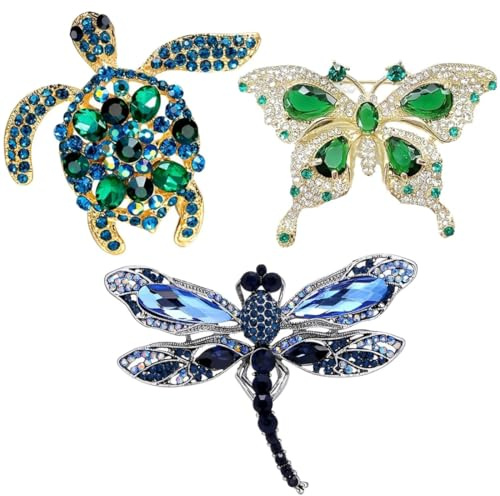 DOKRIN Spille e fermagli gioiello da donna,Spilla con strass da donna composta da 3 pezzi: disegni di insetti, libellule, farfalle e tartarughe
