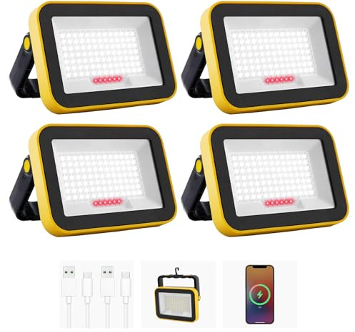 NATPOW LED Work Light, Rechargeable Flood Lights, Portable Spotlight, 5 Modes Workshop Lamp with 4000 mAh, Camping Lamp for Construction Site, Garage, Workshop (4 Packs)