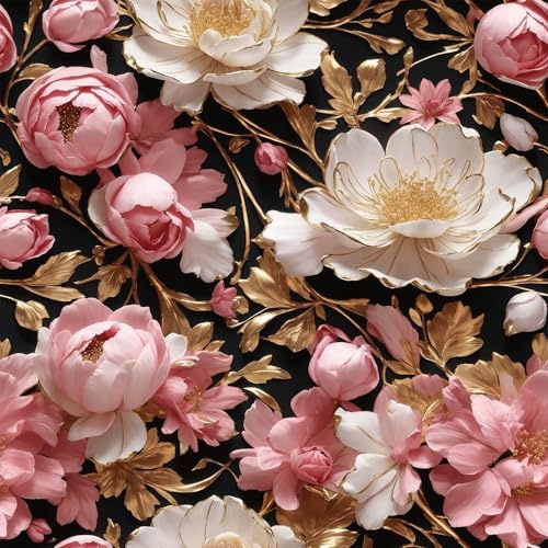 FunStick Carta da Parati Fiori Effetto 3D Barocco Nero Carta da Parati Adesiva Muro Floreale Fotomurali Effetto 3D Camera da Letto Pellicola Adesiva per Mobili Floreale Oro Rosa e Bianco 44.5CMx3M