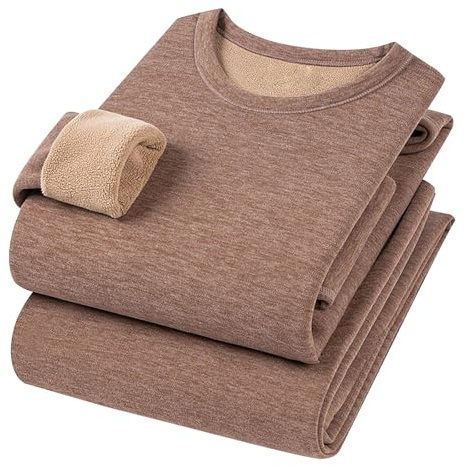 Pigiama termico da uomo, in pile, con imbottitura spessa, biancheria intima termica da uomo, con pantaloni in pile, set lungo, girocollo, per la casa, caffè, XXL