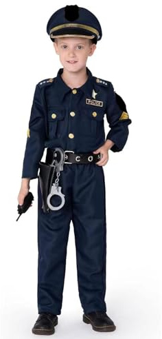 Kids Police Costume - 7 Pcs Police Officer Outfit Dress Up Includes Shirt, Pants, Whistle, Belt, Handcuffs, Police Id Fancy Policeman Costume Set For Boys & Girls (Blue, 4-5 Years)