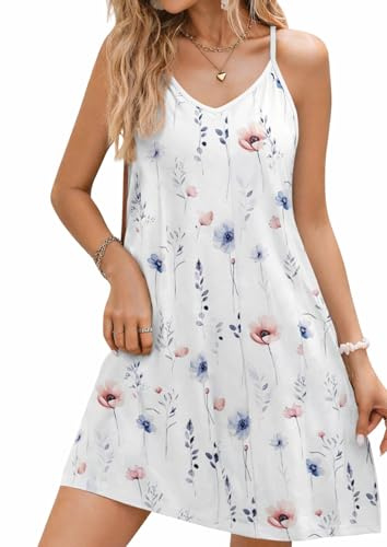 Zeagoo Vestido de verano para mujer, estilo bohemio, tirantes delgados, sexy, sin mangas, para la playa, flores, minivestido corto para el tiempo libre, Bf290, M