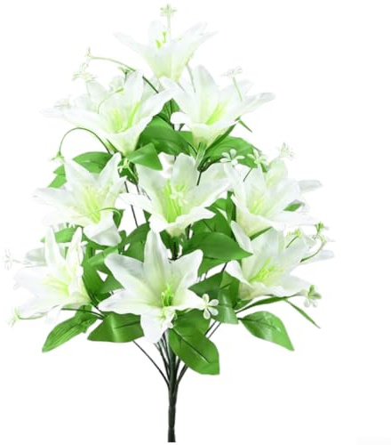 Bouquet di giglio artificiale a 18 teste per soggiorno, giardino, ufficio, decorazione, sfondo fotografico e composizioni per feste di nozze (bianco)