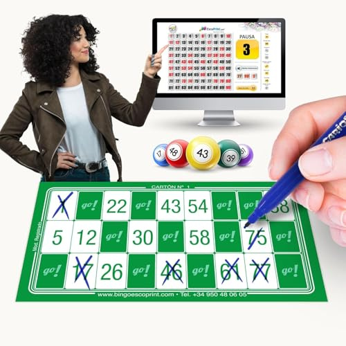 BINGO ESCOPRINT - 600 Cartones de Bingo | Juego de Bingo para PC de Regalo | Juego de Mesa | 90 Bolas | Bingo Adultos, Familias y Asociaciones | Verde