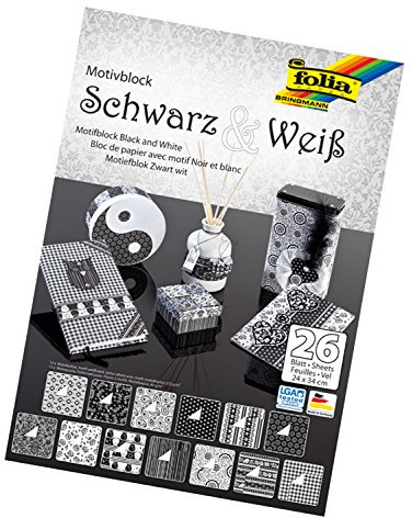 folia 46749 - Motivblock Schwarz - Weiß, 24 x 34 cm, 26 Blatt sortiert, 13 x Motivkarton 270 g/qm und 13 x Motivpapier 80 g/qm, für vielfältige Bastelarbeiten