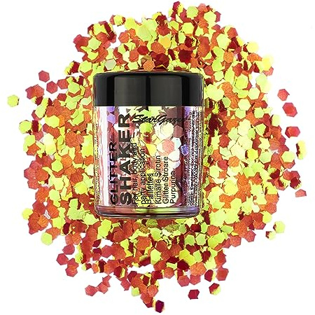 Stargazer Chunky Glitter Shaker, UV Orange. Cosmetic glitter for use on the eyes, lips, face, body, hair and nails.