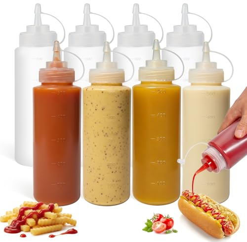 OAMCEG 16OZ Squeeze Bottles - 8 Pack Durable Plastic Condiment Bottles, Squirt Bottle with Discrete Measurements, for Ketchup, BBQ, Sauces, Syrup, Condiments, Dressings, Arts and Crafts, BPA Free