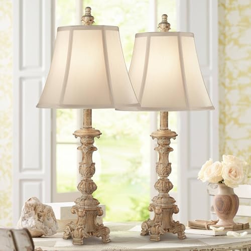 Regency Hill Elize Shabby Chic 3-Way Table Lamps 26.5 High Set of 2 with Table Top Dimmers White Washed Candlestick Bell Shade Decor for Living Room Bedroom House Bedside Nightstand