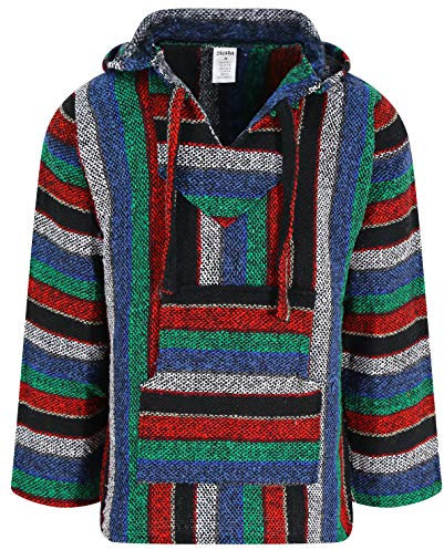 Mexikanischer Baja Jerga Hoodie Hippie Festival Top in breiten bunten Streifen, mehrfarbig, L