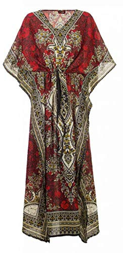 Etniskt mode, kaftan, lång överdimensionerad kaftan i orientalisk stil i polyester, boubou, afrikansk sommarklänning, djellaba för kvinnor, bohemiska strandkläder, Röd, en storlek