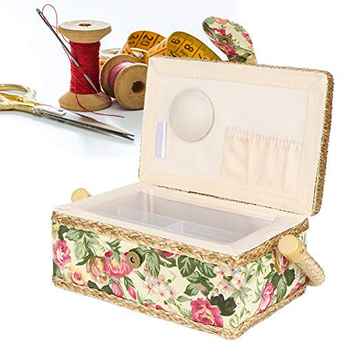 Artesanía de Tela para el hogar Cesta de Costura Hecha a Mano Caja de Almacenamiento de Aguja de Hilo Organizador Kit de Costura Caja de Almacenamiento con Bandeja extraíble(Garden Rose)