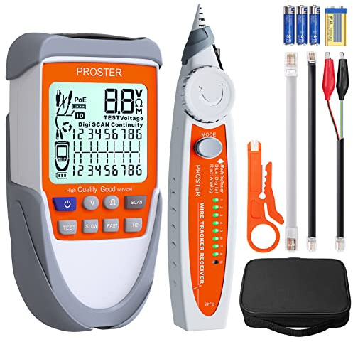 Proster Network Cable Tester with POE Voltage Test - RJ45 Tester Wire Tracker Cable Finder for RJ45 CAT5/CAT5e/CAT6/CAT7/CAT8 LAN Ethernet Tracer Tool with LED Flashlight, LCD Display & Storage Bag