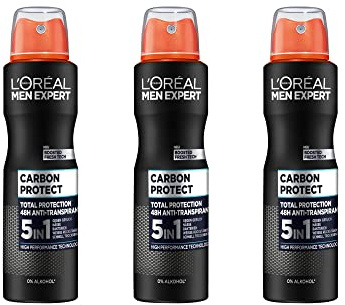 L'Oréal Men Expert Desodorante para hombres, 5 en 1 contra la formación de olores, humedad, bacterias y residuos blancos para hasta 48 horas de frescura, Carbon Protect, 3 x 150 ml