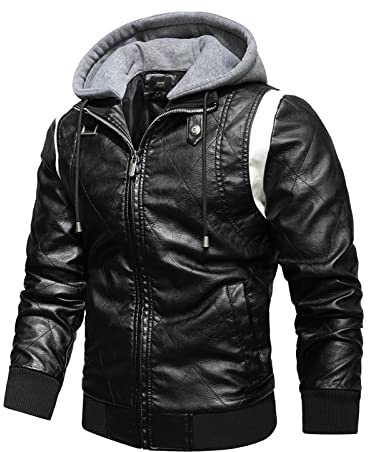 Veste Moto Homme Homologuée Avec Protection - Blouson Cuir Automne/Hiver À Capuche - Doublure Chaude Pour Motard - Noir
