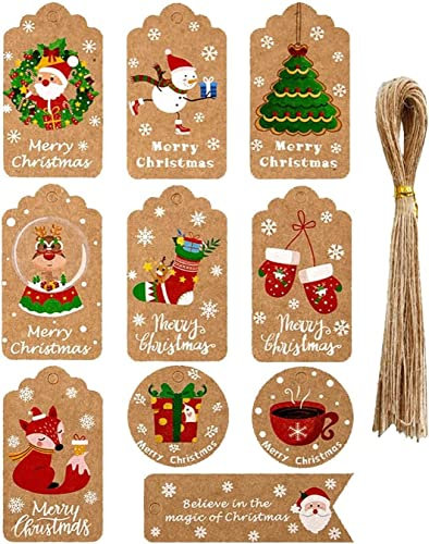 Weihnachten Geschenkanhänger 50 Stücke Weihnachten Kraftpapier Tags Christmas Tags Etiketten Weihnachten mit Schnur für Weihnachts Geschenk Label Präsentieren Dekoration
