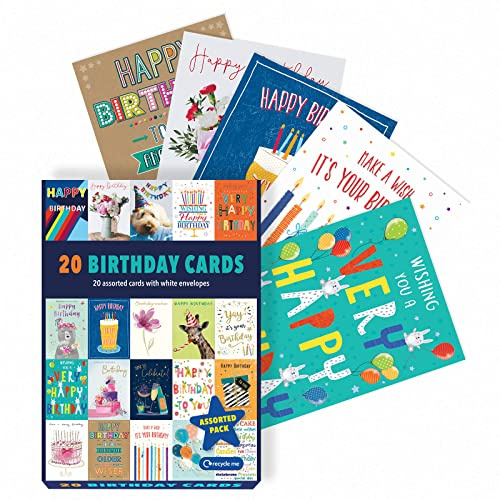 Piccadilly Greetings Scatola di biglietti di compleanno assortiti Multipack | Biglietti di compleanno confezione da 20 | 12,7 x 17,8 cm | Include 20 disegni colorati unici, con buste bianche, adatte a