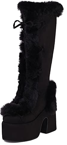 PAYDVOIER Femmes Block Talons Chunky Bottes Punk Goth Chaud Fourrure L'hiver Snow Plateforme Bottes Mid Top Moto Bottes Classique Tall Ii Bottes Black Size 38