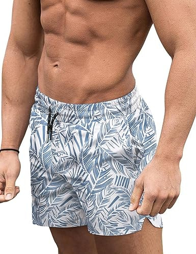 COOFANDY Men's Beachwear Summer Holiday Swim Trunks Quick Dry Swimsuit Beach Shorts Deep Blue Plam Leaf M