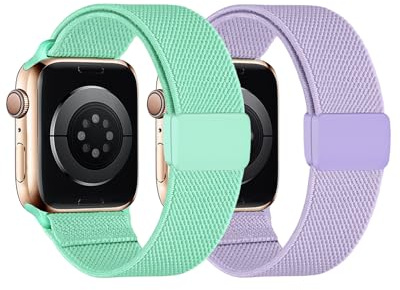 2-pack stretchig nylon soloslinga kompatibel med barn Apple Watch-band 38 mm 40 mm 41 mm & 42 mm 44 mm 45 mm, magnetiskt spänne justerbar elastisk nylonrem ersättning för iWatch-serien, 38/40/41mm,