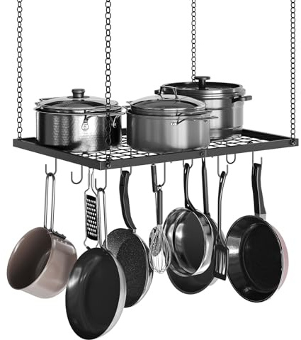 CHOEZON DTPR03BB Hängande kökshylla, 60 cm grytställ, takhylla, metall, grythållare, köksarrangör med 12 krokar, för kök, matsal, köksredskap, servis, svart