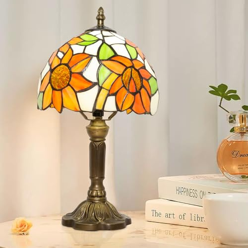 Ppbmocw Tiffany Style Lamp,Sunflower,3 Color Temperatures,8 inch | Small Stained Glass Table Lamp For Bedside,Living Room,Bedroom,Reading,Traditional Light,Vintage Art Deco Lamps,Holiday Gifts