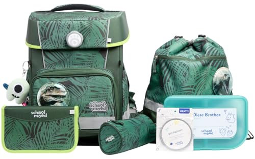 SCHOOL-MOOD Champion Pro Daniel Dinosaurier Schulranzenset 7-teilig 21,5L Stauraum, ergonomisches Easy Fit System für 1 m bis 1,50 m Körpergröße, standfest, wasserdichter Stoff mit Reflektoren