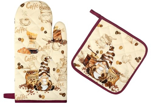 Arquiel Guanti Da Forno Presina Set Di 2, 100% Cotone Addensare Guanti Da Forno A Microonde, Presine Da Cucina Morbida Resistenti Al Calore Per Arrostire, Cuocere(Caffè Retrò)