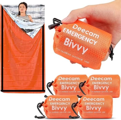 Deecam Sacco a Pelo d'Emergenza 4 Pezzi Arancione,Coperta di Sopravvivenza Riutilizzabile,Coperta di Isolamento Termico di Primo Soccorso per Outdoor Campeggio Trekking Viaggiare