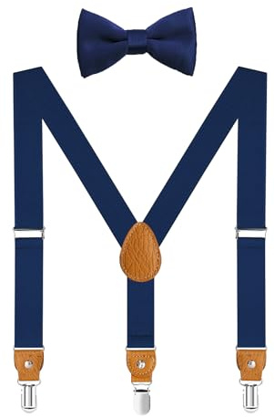 CEAJOO Men's Kids Suspenders and Bow Tie Adjustable Elastic with Strong Metal Clips Navy Blue 24