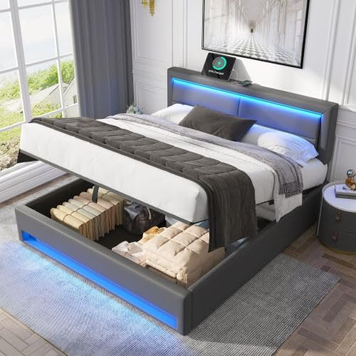 Upholstered Ottoman Storage Bed Frame, 6ft Super King Size Bed Frame with Storage, LED and USB Wireless Port, Ottoman Lift Up Upholstered Bed with Adjustable Headboard and Slats, PU, No Mattress, Grey