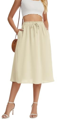 WUWUSKY Women's Skirts Elastic High Waist Flowy Midi Skirt Summer Casual Elasticated A Line Skirts with Pockets