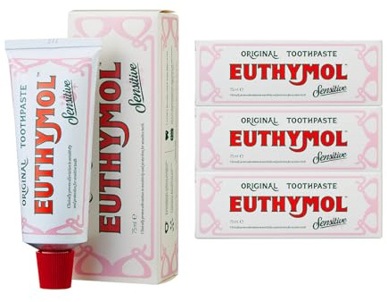 Euthymol Sensitive tandkräm 75 ml x 3, fluor tandkräm för känsliga tänder, plackborttagning, kariesskydd, antibakteriell, glutenfri, timol och mentol, fräschar upp andan, mild tandvård